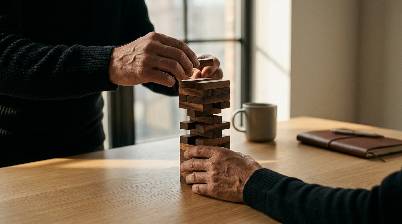 A person's hands carefully completing a tower of blocks, symbolizing the precise and patient process of habit formation for lasting change.
