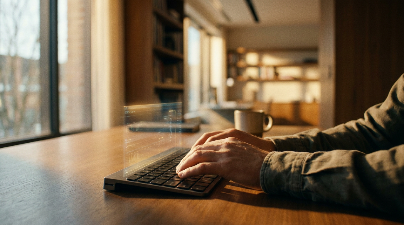 A person's hands at a desk, interacting with a futuristic interface, illustrating the debunking of AI productivity myths through mindful technology use.