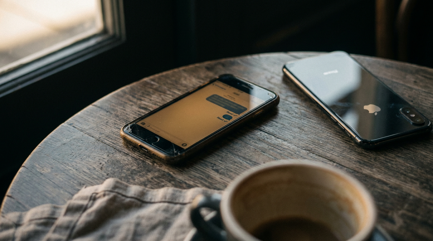 A phone on a table illustrates the dilemma of ghosting vs direct rejection, showing a message that has been read but not answered.