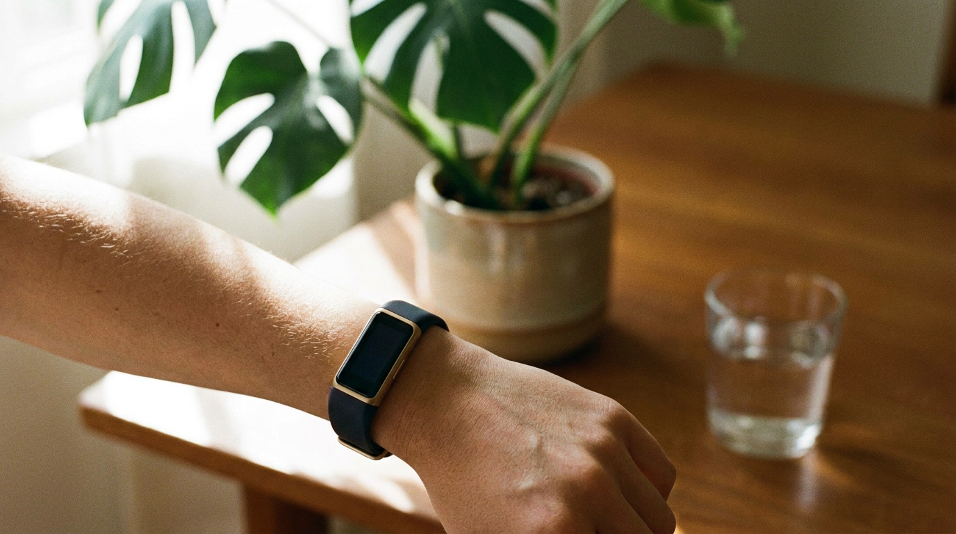 A person's wrist with a modern wearable device, illustrating the use of wearables for longevity by tracking personal health data.
