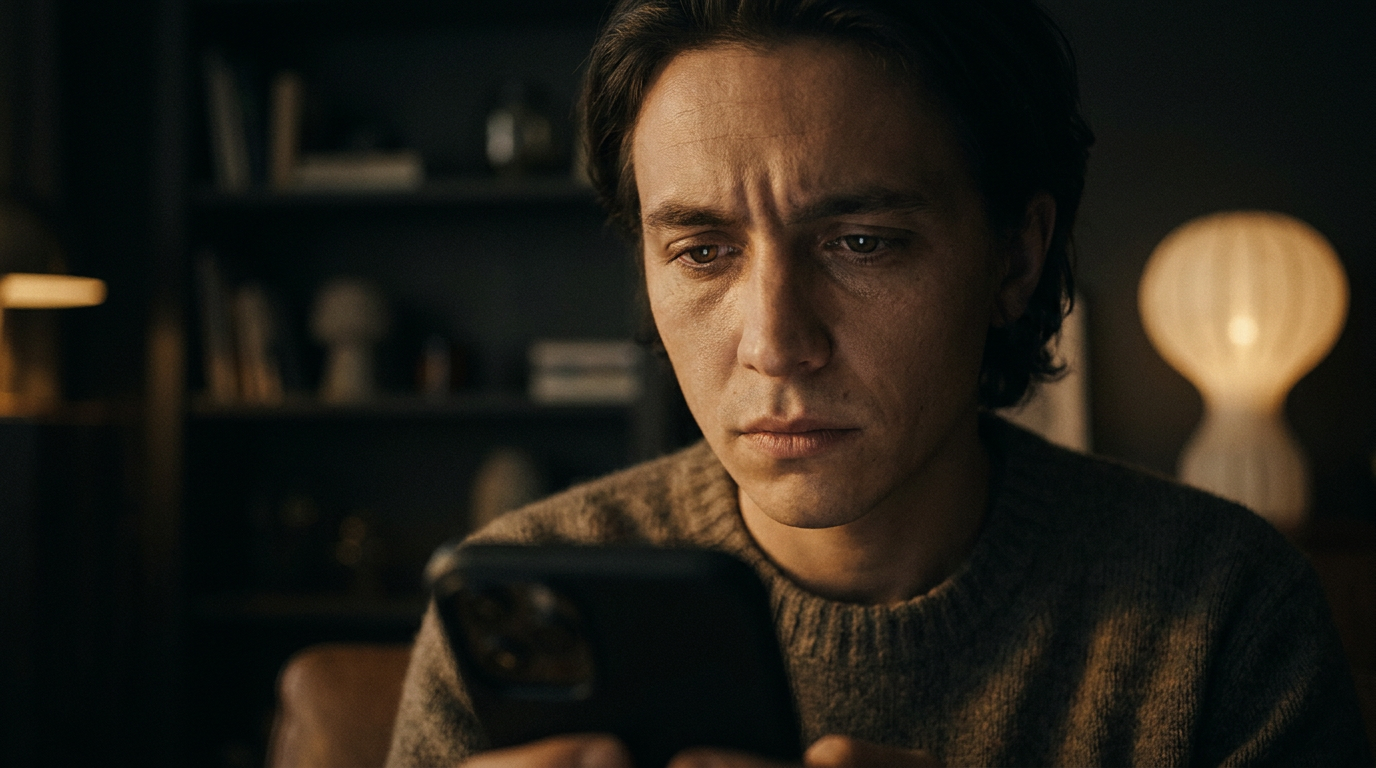 A person looking at their phone with concern, a visual representation of the stress that can come from money-draining app habits.