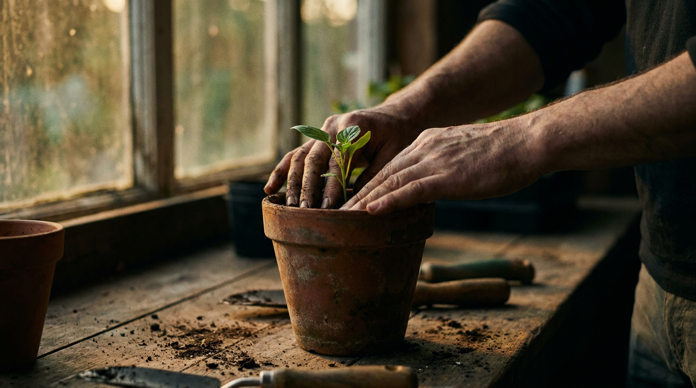 A person's hands nurturing a small plant in a pot, symbolizing the process of cultivating and finding your purpose in life.