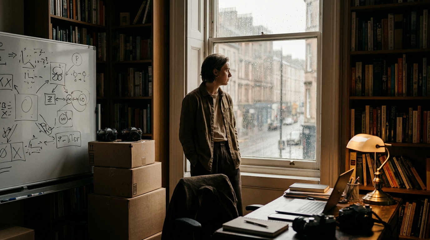 A founder contemplates the transition from side hustle to full time while standing in a well-equipped home office, symbolizing the big decision.