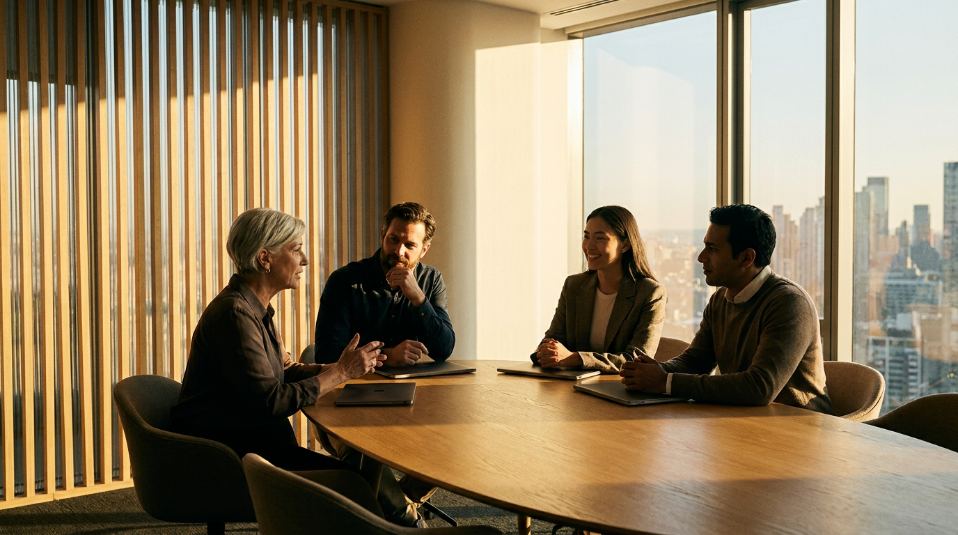 A diverse team in a meeting, demonstrating psychological safety in the workplace by listening attentively and respectfully to a colleague who is speaking.