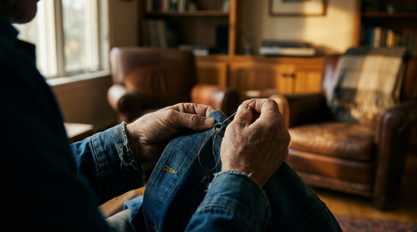 A person's hands mending a jacket, illustrating one of the key themes of sustainable living myths: that repairing is more valuable than replacing.