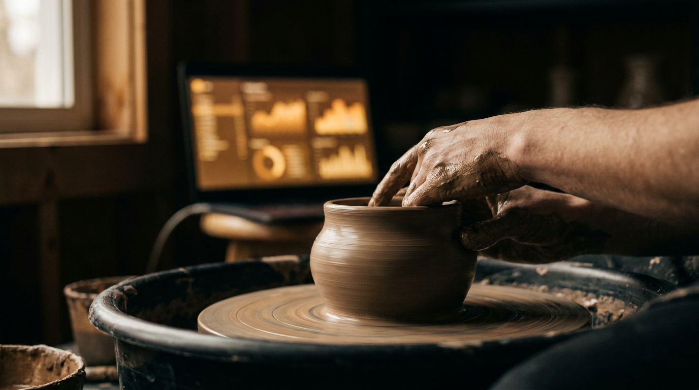A balanced visual for generative AI vs human creativity, showing a creator's hands working clay with a subtle digital interface in the background.