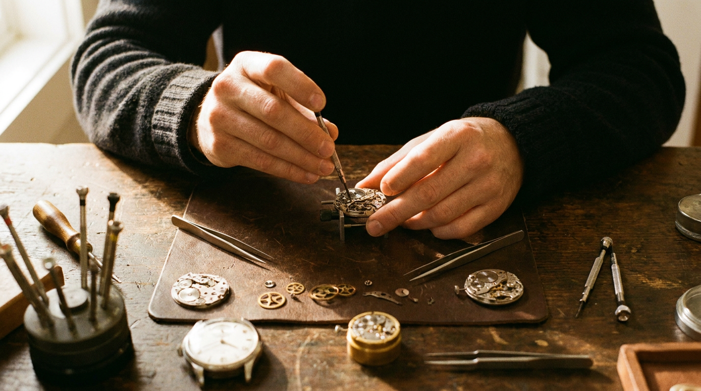 A person's hands engaged in the focused process of building a complex object, representing the detailed work of achieving self-taught mastery.