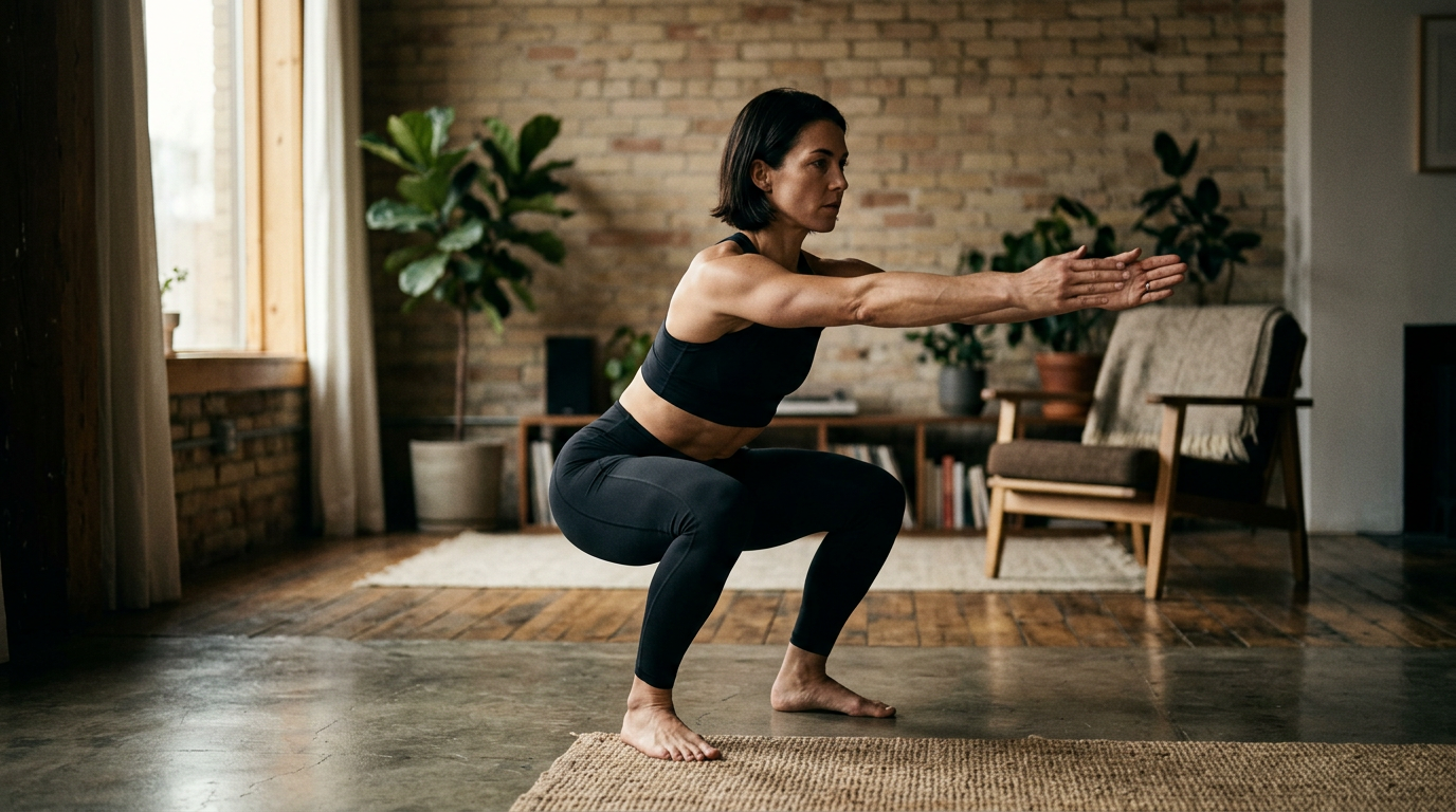 Woman performing a flawless bodyweight squat in her living room, demonstrating correct form to avoid home workout strength mistakes.