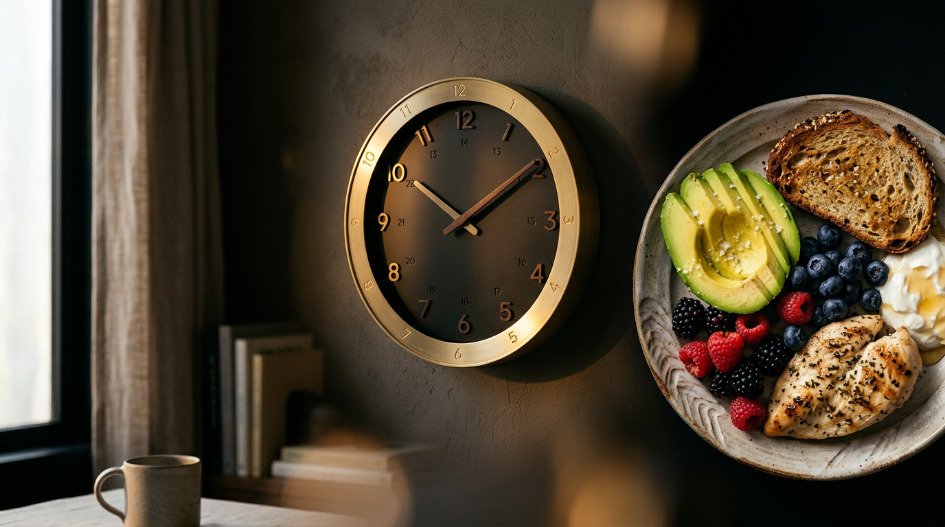 A clock face next to a plate of healthy food, illustrating the core concepts behind the intermittent fasting myths this article debunks.