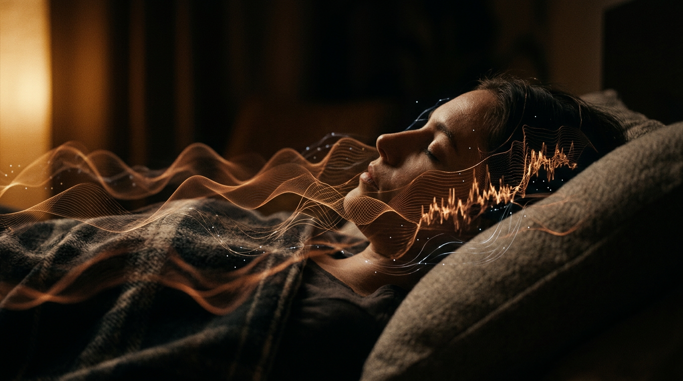 Abstract brainwave patterns representing the complexity of sleep stages, relevant to entrepreneur sleep problems.