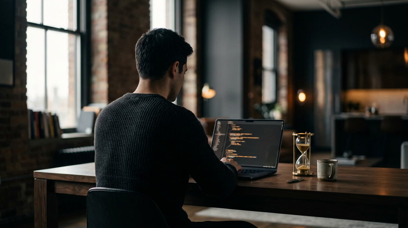 A person intently working at a desk with a sand timer, illustrating the pomodoro vs flow state debate for focused work.