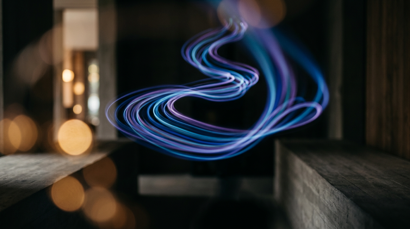 Abstract blue and purple swirling light, representing the seamless immersion of a flow state for deep concentration.