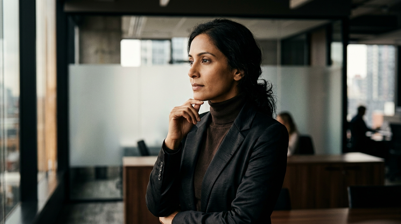 A photo illustrating the concept of Maya Hari's quiet confidence, showing a poised female tech leader in a professional setting, exuding calm authority.