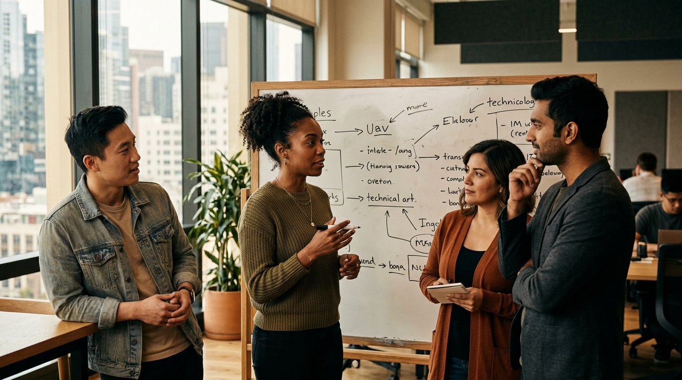 A team of developers illustrating leadership confidence through collaboration, a key part of overcoming imposter syndrome in tech.