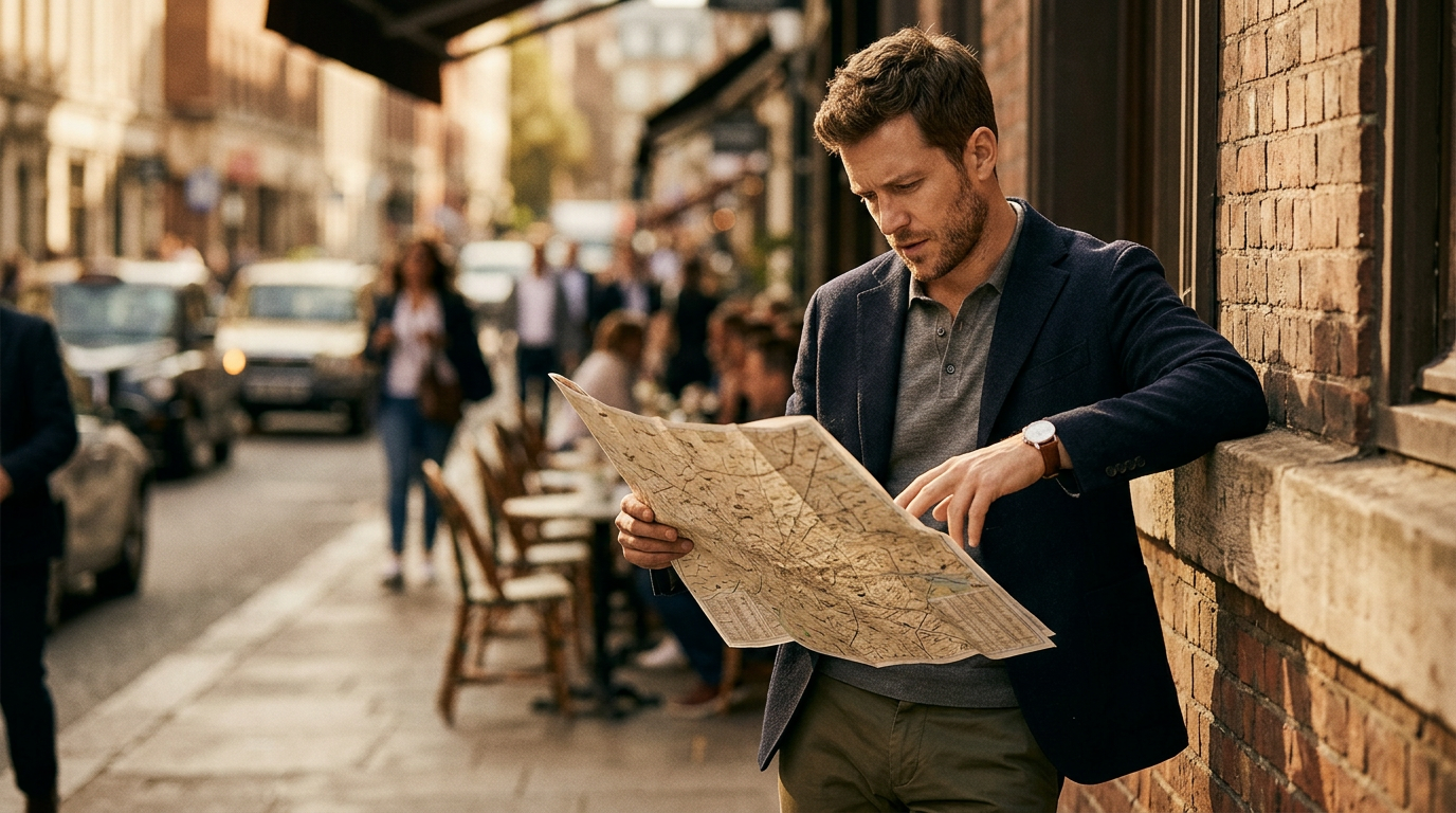 A close-up of some of the best micro-adventure ideas for busy professionals in action: a person planning a spontaneous route on a physical map in the city.