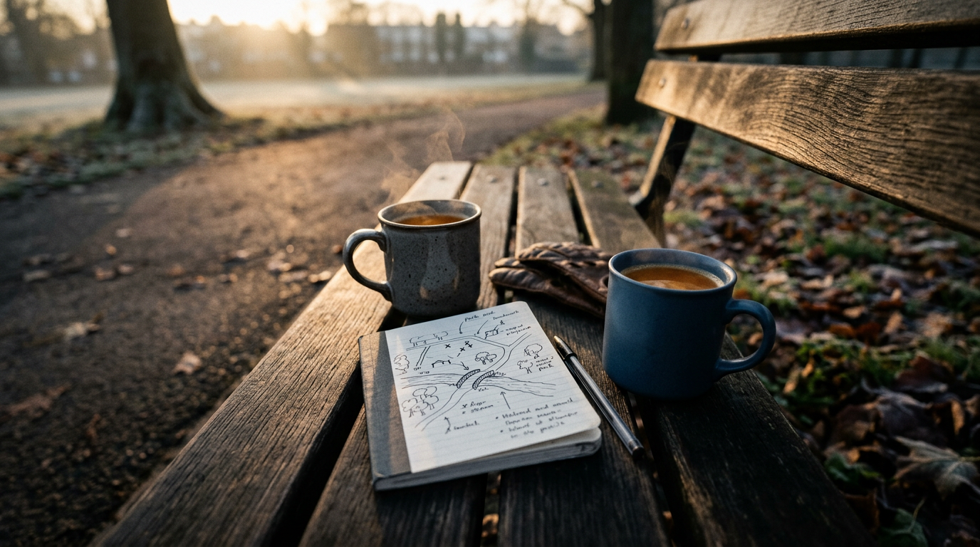 A notebook and coffee mugs on a bench, symbolizing the planning of a spontaneous urban adventure or a 'dawn breakfast'.