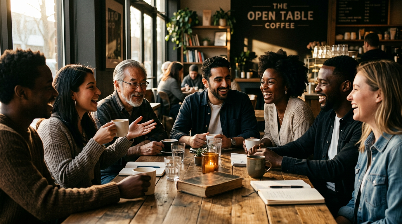 Diverse group of adults forming connections in a cafe, demonstrating how to build a strong local support network after a move.