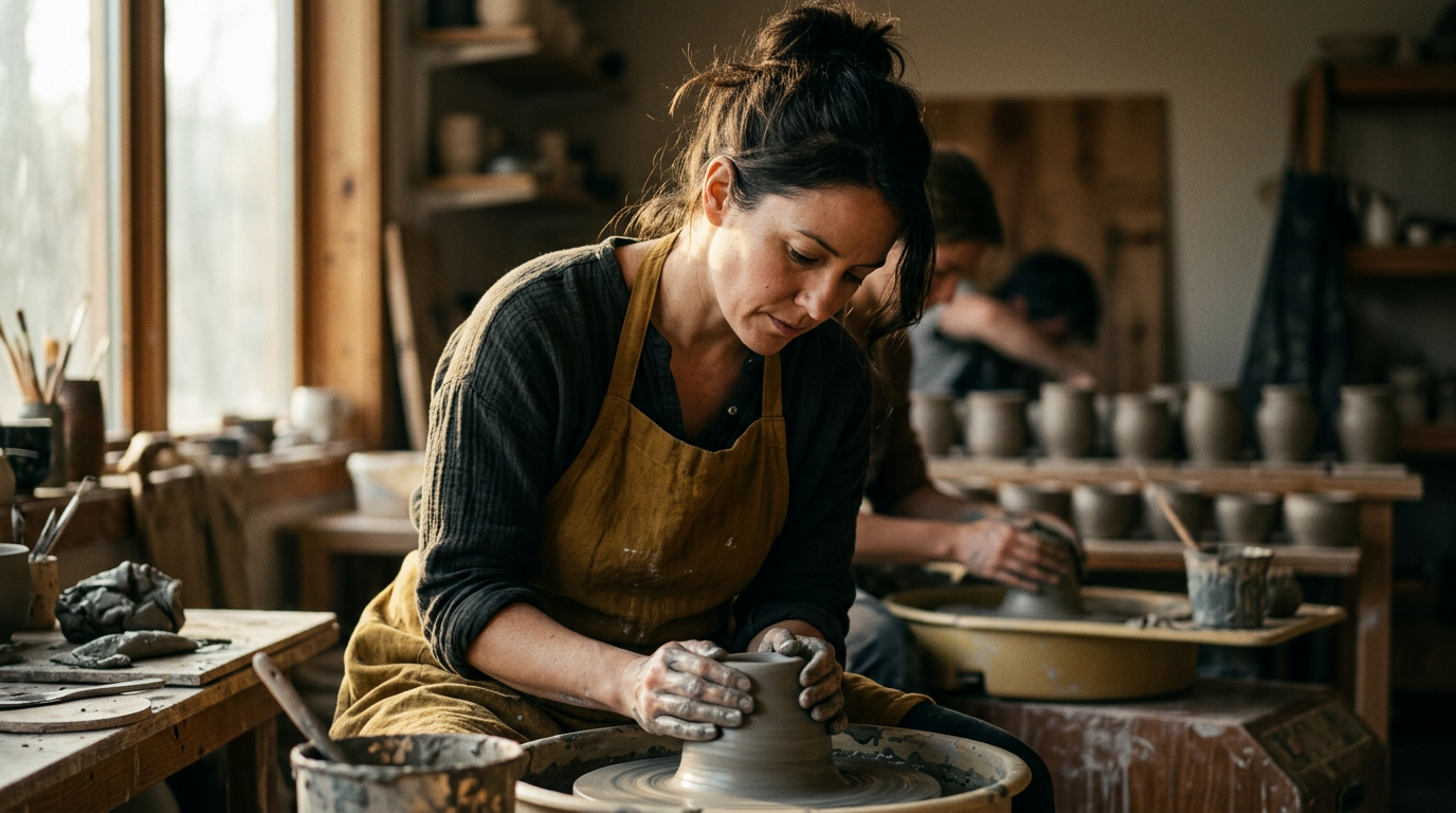 Woman in an art class actively engaging, illustrating how to get involved in a new town.