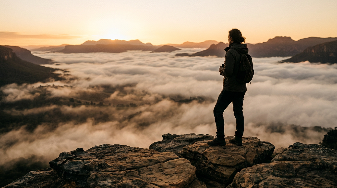 Eine Person, die nach dem Überwinden von Fehlern beim Selbstvertrauen Stärken den Ausblick von einem Gipfel genießt und innere Ruhe ausstrahlt.