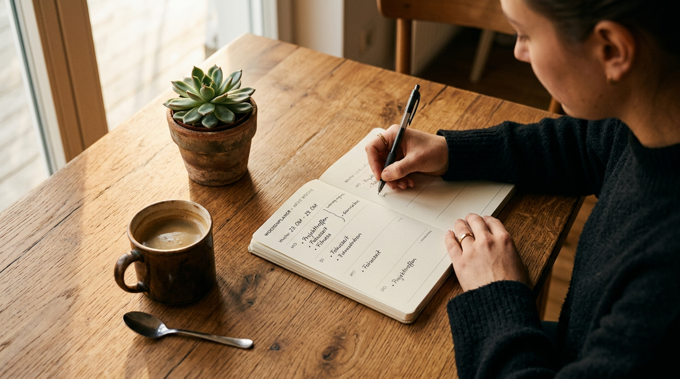 Eine Person macht sich Notizen in einem Planer, um Fehler beim Aufbau neuer Routinen zu vermeiden und einen klaren Plan zu erstellen.
