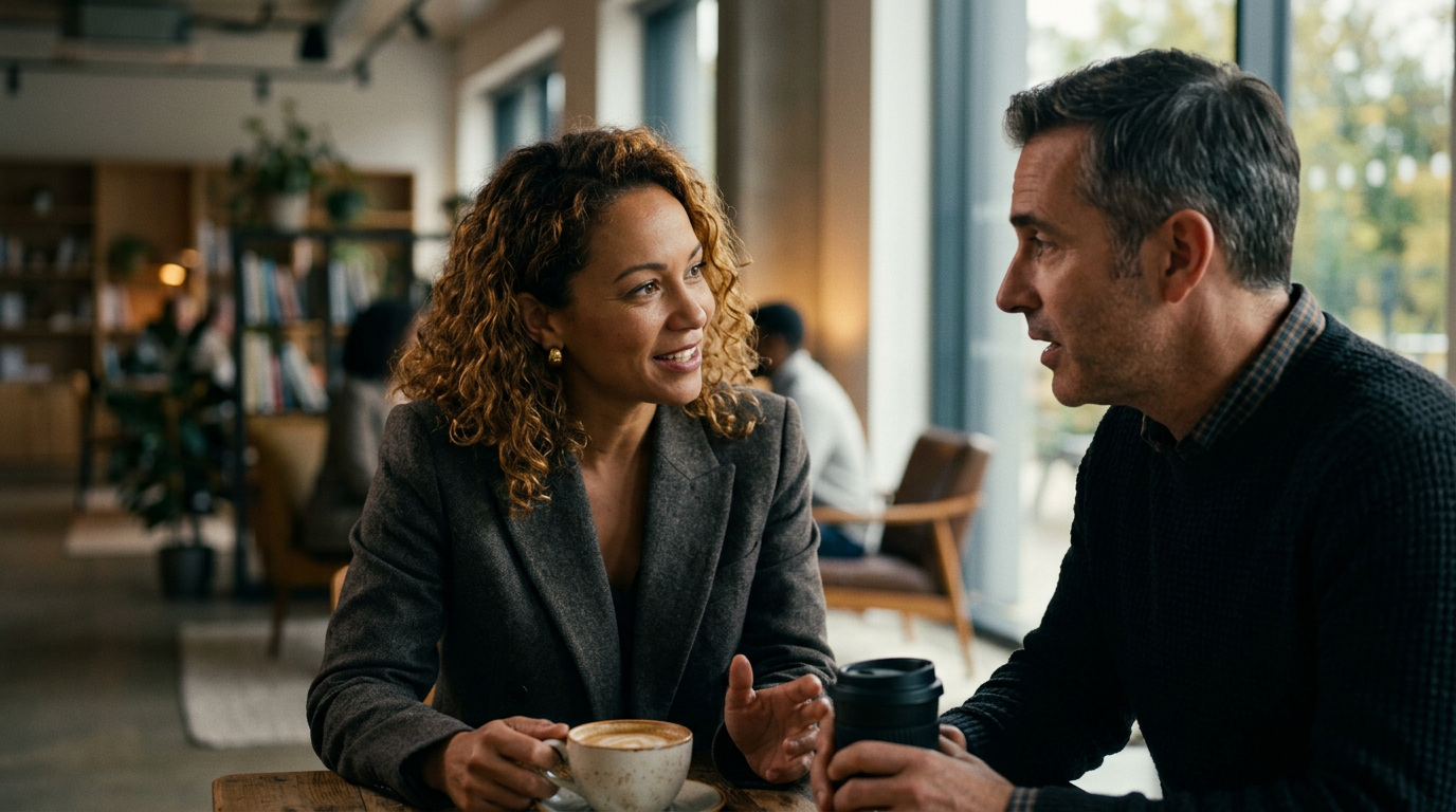 Zwei Berufstätige beim aktiven Netzwerken während eines Kaffeegesprächs, um ihre Karriere voranzutreiben.