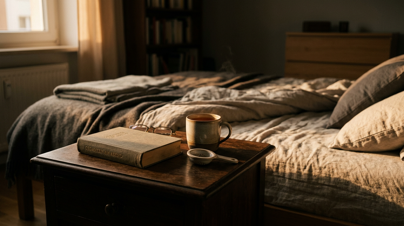 Ein ruhiger Raum als Ergebnis einer erfolgreichen Digitaler Detox Anleitung, mit einem Buch statt eines Smartphones auf dem Nachttisch.