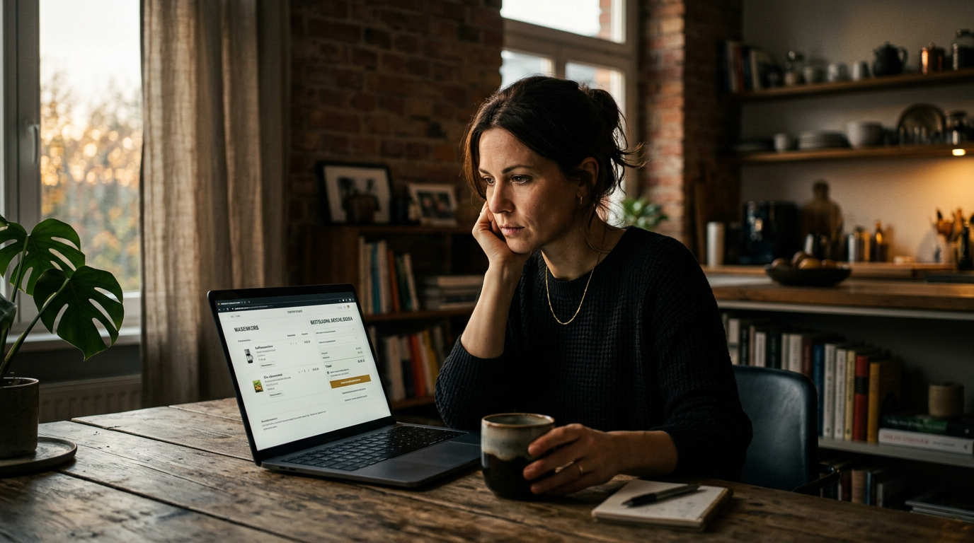 Eine besorgte Frau sitzt vor ihrem Laptop und denkt über die Risiken der 'Jetzt kaufen später bezahlen'-Falle beim Online-Shopping nach.