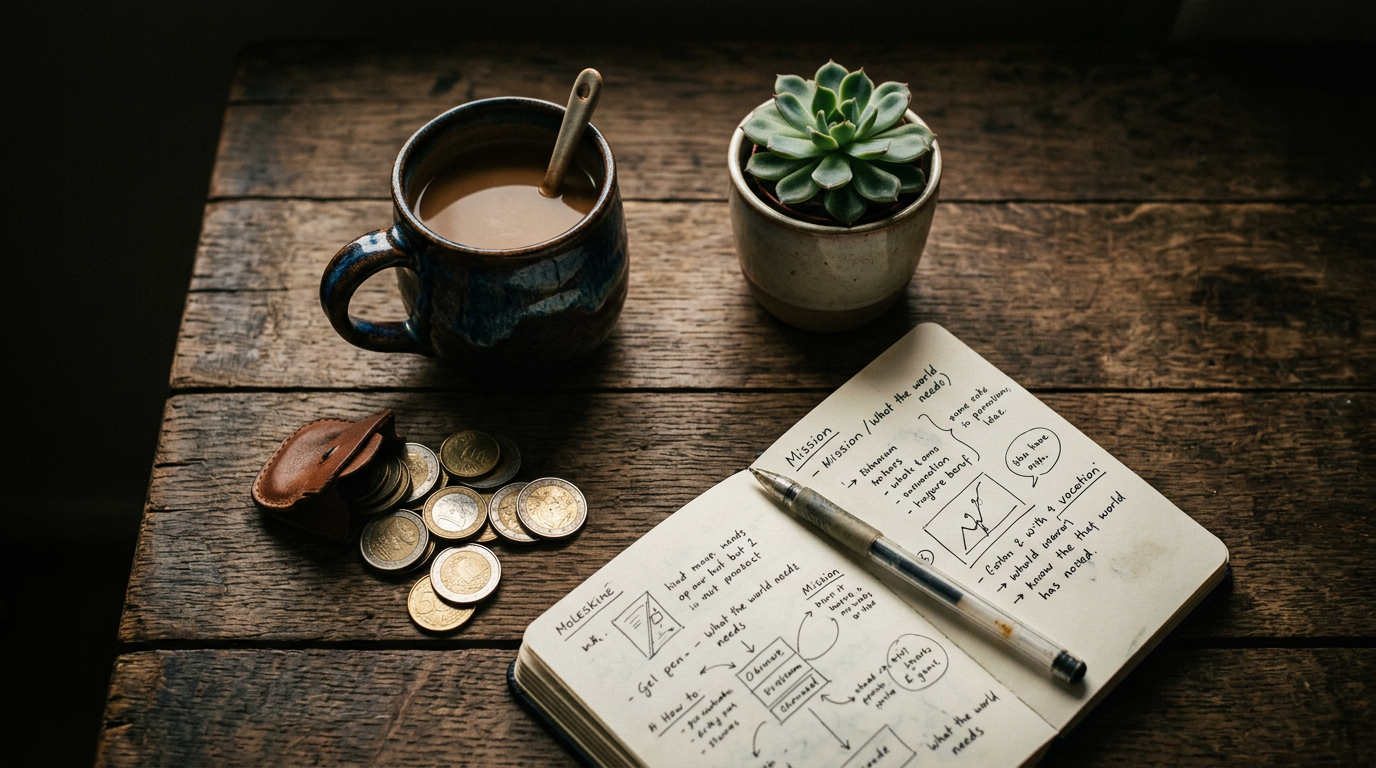 Ein Stillleben, das das Konzept von Ikigai für Anfänger darstellt, mit Objekten, die Leidenschaft, Beruf, Fähigkeit und den Beitrag zur Welt symbolisieren.