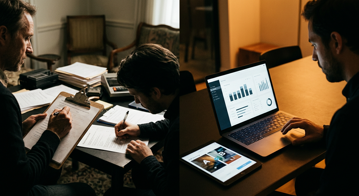 Vergleichende Darstellung traditioneller Marktforschung und moderner digitalen Tools zur Ideenvalidierung.