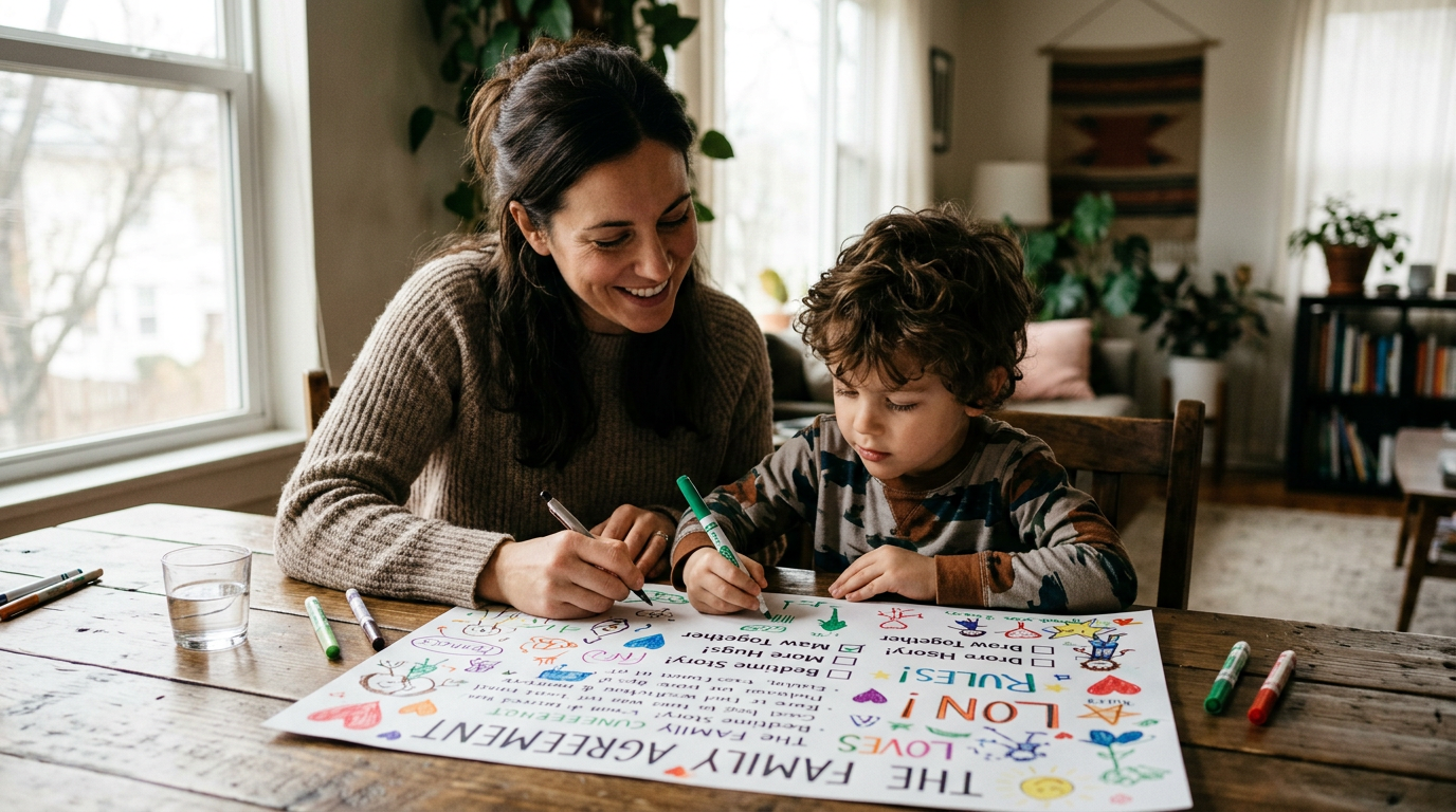 Ein Elternteil und ein Kind erstellen gemeinsam einen farbenfrohen Bildschirmzeit Vertrag für Kinder an einem Holztisch, was die kooperative Natur der Vereinbarung unterstreicht.