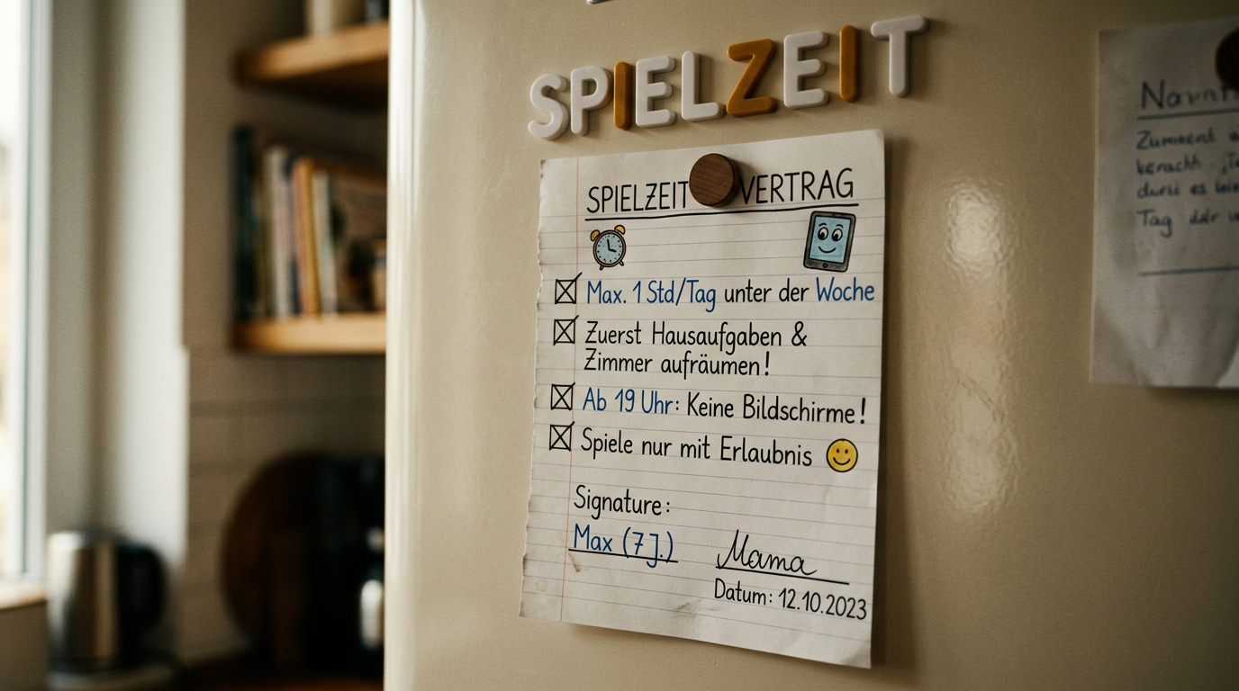 Ein fertiggestellter Mediennutzungsvertrag für Kinder hängt am Kühlschrank, umgeben von bunten Magneten.