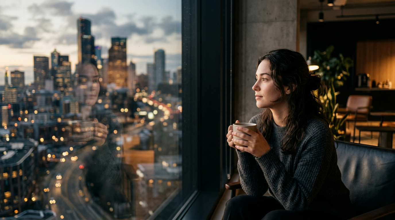 Eine ruhige Person, die nachdenklich aus einem Fenster schaut, symbolisiert das Hinterfragen von Work-Life-Balance Mythen.