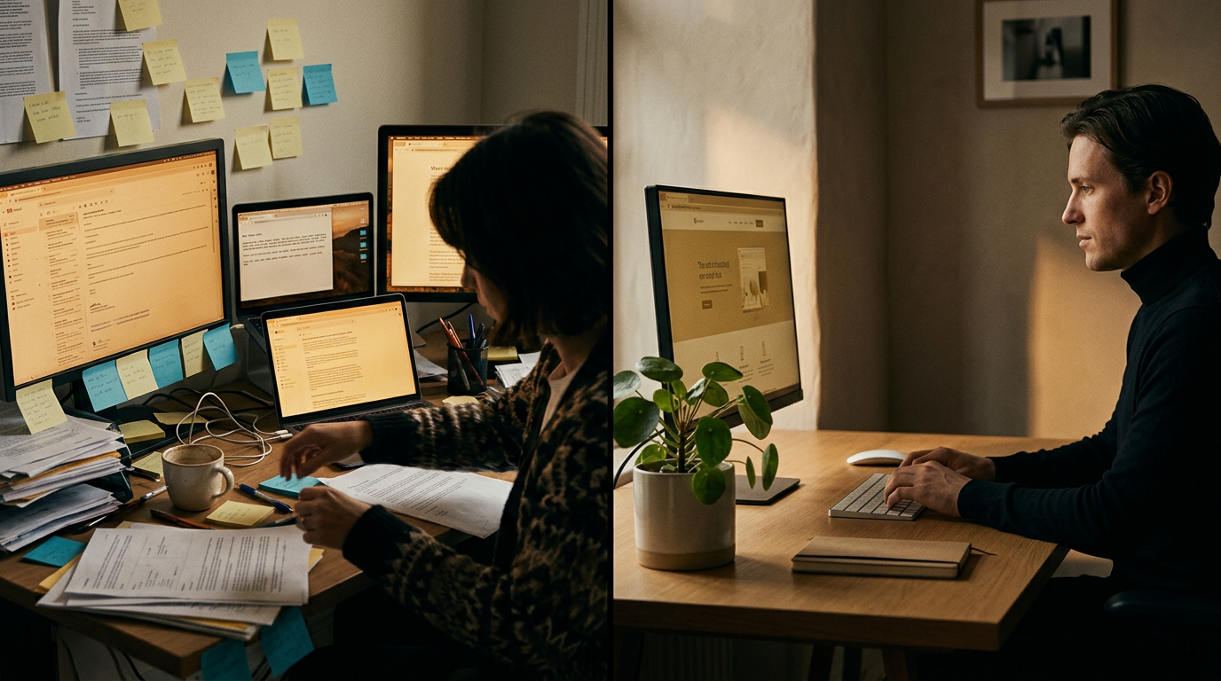 Gegenüberstellung eines überladenen und eines organisierten Schreibtisches, symbolisiert den Versuch, Work-Life-Balance zu finden.