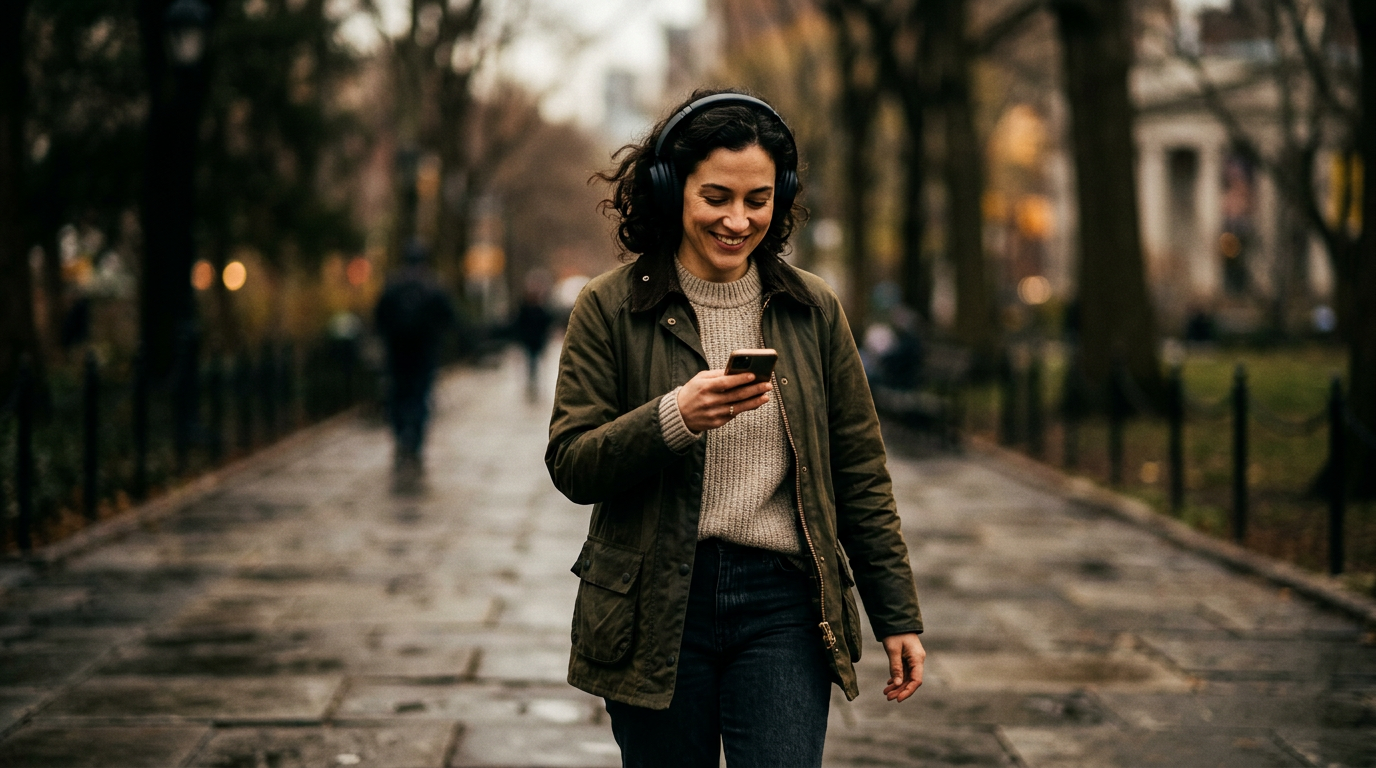 Eine Person macht einen Spaziergang im Park, hört Musik, zeigt eine Form der aktiven Erholung abseits der Arbeit.