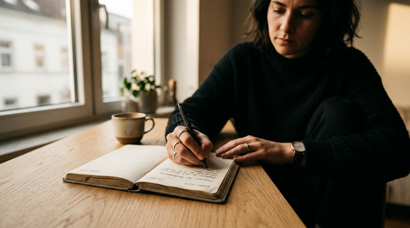 Eine Person, die konzentriert an ihrem Personal Brand Statement in einem Notizbuch arbeitet, beleuchtet von natürlichem Licht, das ihre berufliche Klarheit und ihren Fokus symbolisiert.
