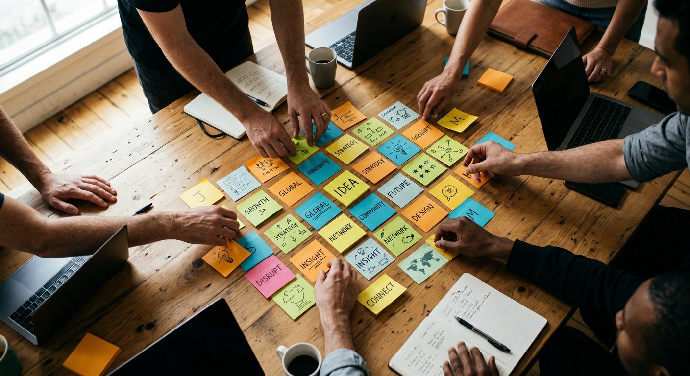 Eine Vogelperspektive auf eine kreative Sitzung. Diese Brainstorming Fehler sollten zur Steigerung der Kreativität unbedingt vermieden werden.