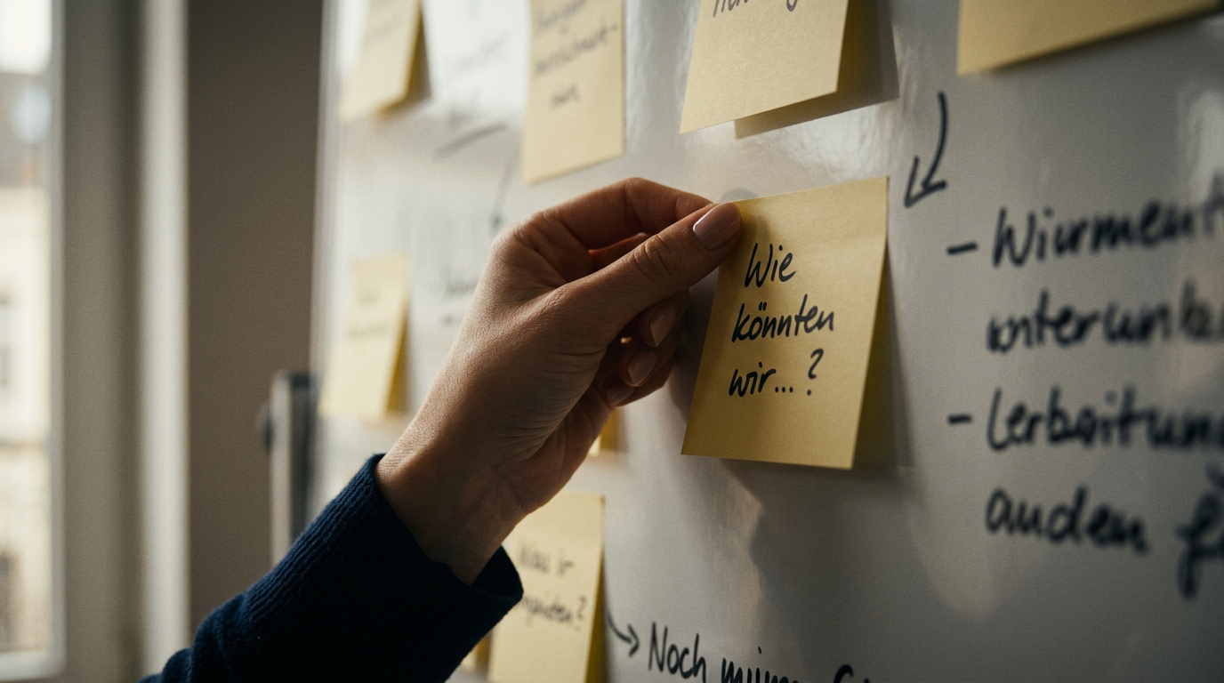 Eine Hand platziert eine Notiz mit einer 'Wie könnten wir...?' Frage, eine Methode zur Verbesserung der kreativen Ideenfindung.