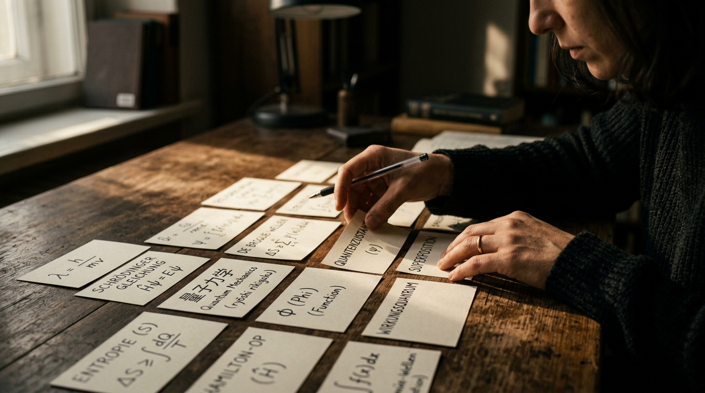Eine Person arrangiert Lernkarten auf einem Tisch, um die Spaced Repetition optimale Intervalle für effektives Lernen zu nutzen.