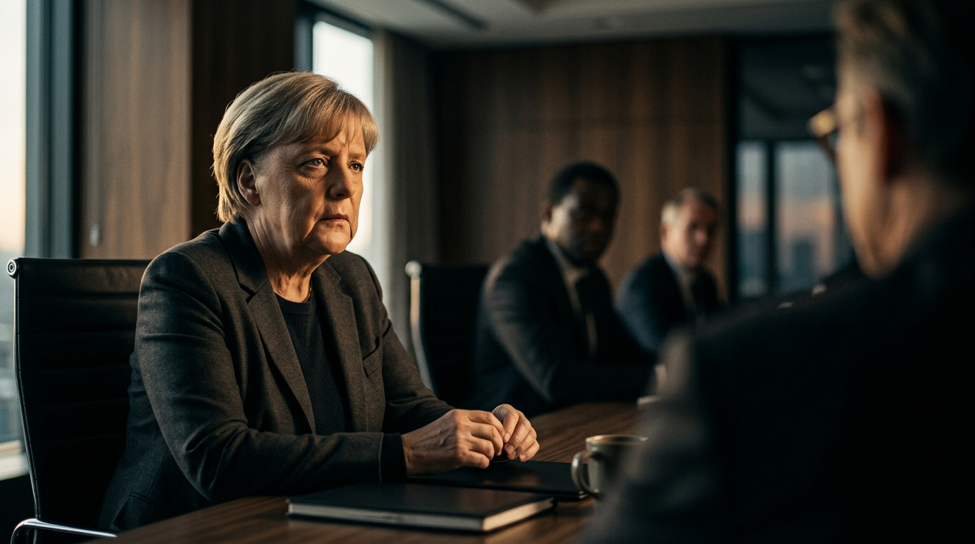Eine Darstellung der Angela Merkel Verhandlungstaktik, bei der eine Frau, die an Merkel erinnert, konzentriert an einem Verhandlungstisch sitzt und ihre Strategie anwendet.