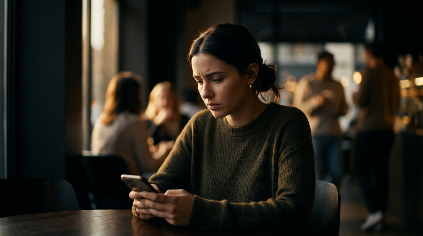 Eine junge Frau im Café, die nachdenklich auf ihr Smartphone schaut, während sie die Ängstliche Bindung Fehler Dating reflektiert.
