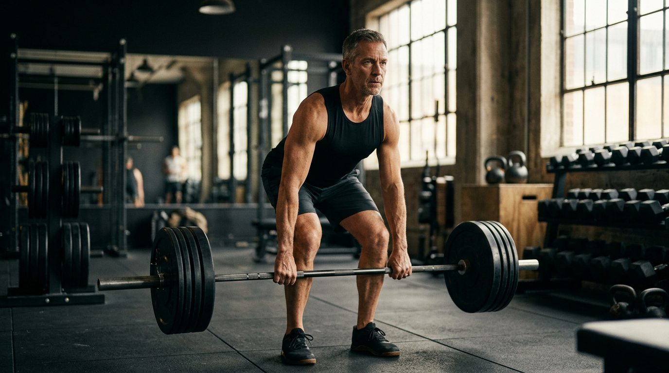 Eine Person mittleren Alters beim Krafttraining, um den Muskelaufbau ab 40 zu fördern und gesund zu bleiben.