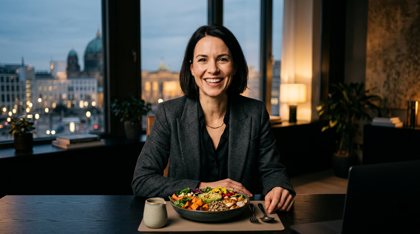 Eine Frau im Büro genießt eine gesunde Mahlzeit, ein Beispiel für die pflanzliche Ernährung Vorteile wie gesteigerte Energie am Arbeitsplatz.