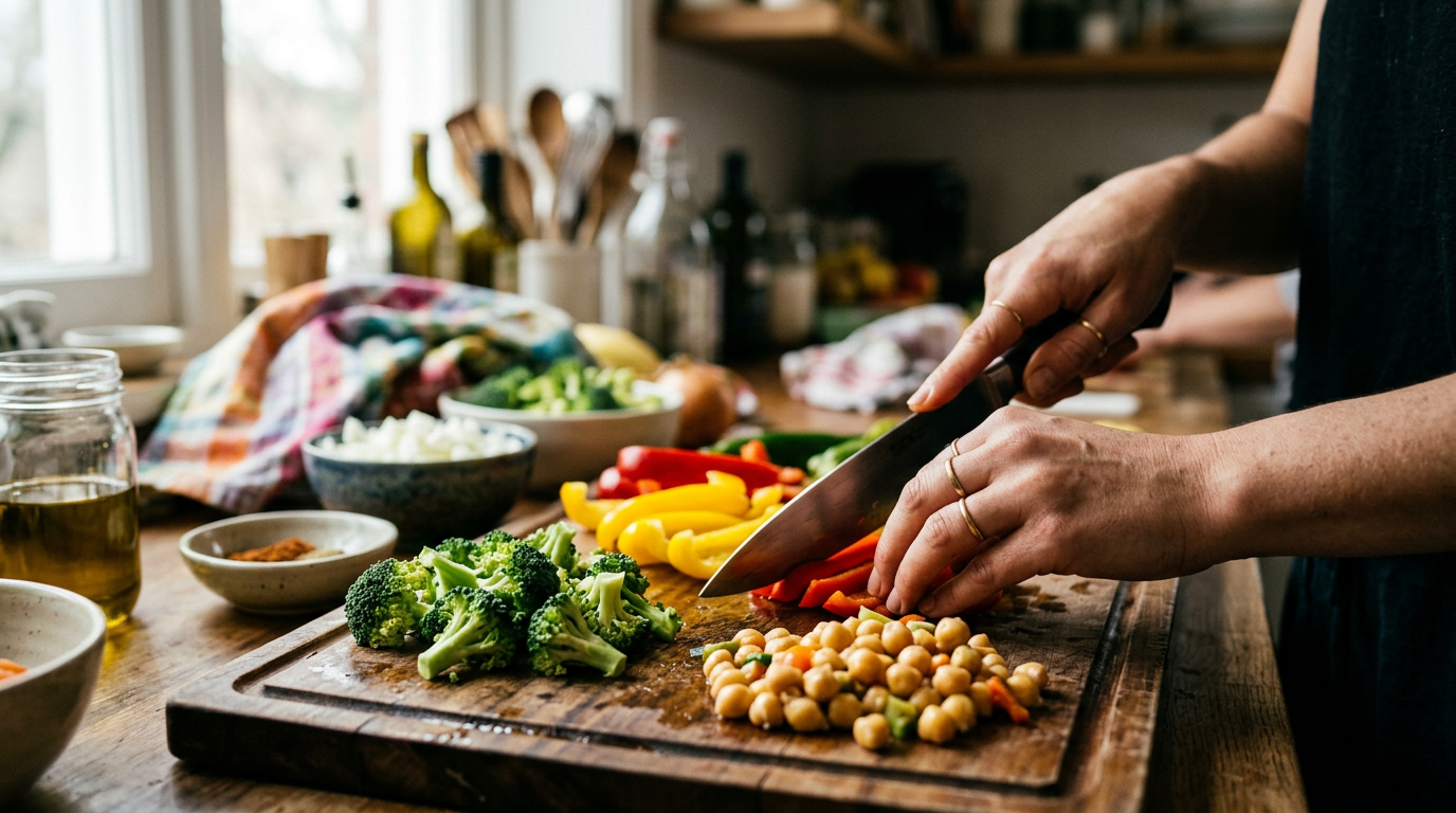 Meal- prepping für eine Woche pflanzlicher Ernährung, um im Berufsalltag Zeit zu sparen.