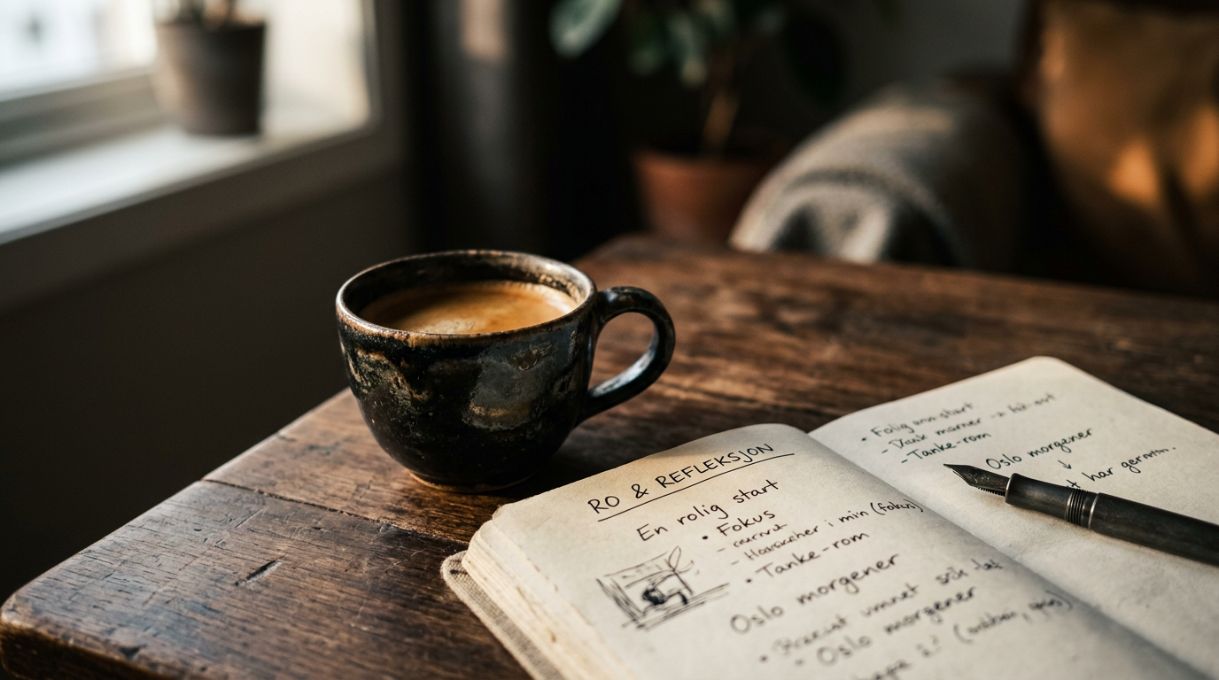 Symbolsk bilde av en kaffekopp og notatbok i rolig omgivelse for økt mental klarhet