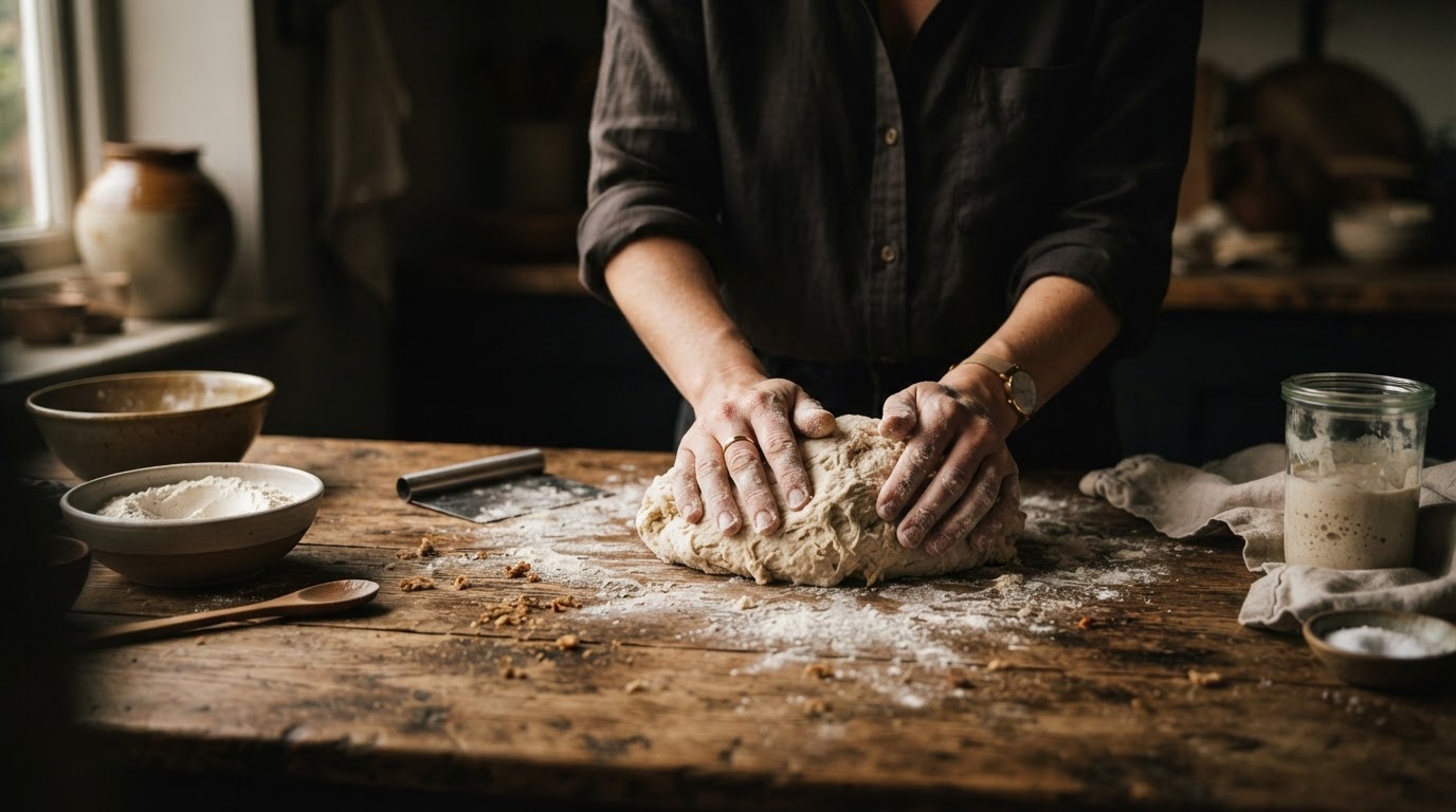 Hænder der ælter dej på et rustikt bord, et billede på den praktiske side af slow living.