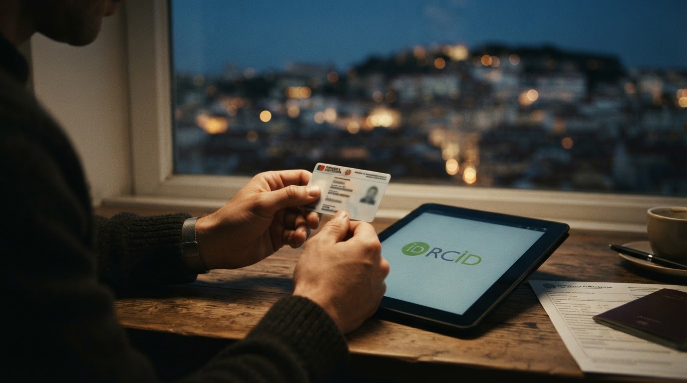 Mãos segurando um cartão NIF português e um tablet com o logo ORCID, ilustrando a comparação ORCID vs NIF freelancers.