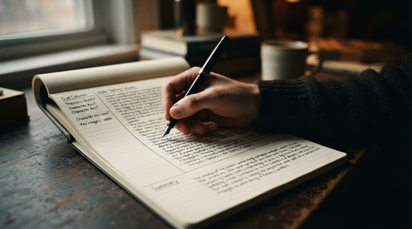 Gedetailleerde weergave van een hand die gestructureerde Cornell notities schrijft, met secties voor hoofdpunten en samenvatting.