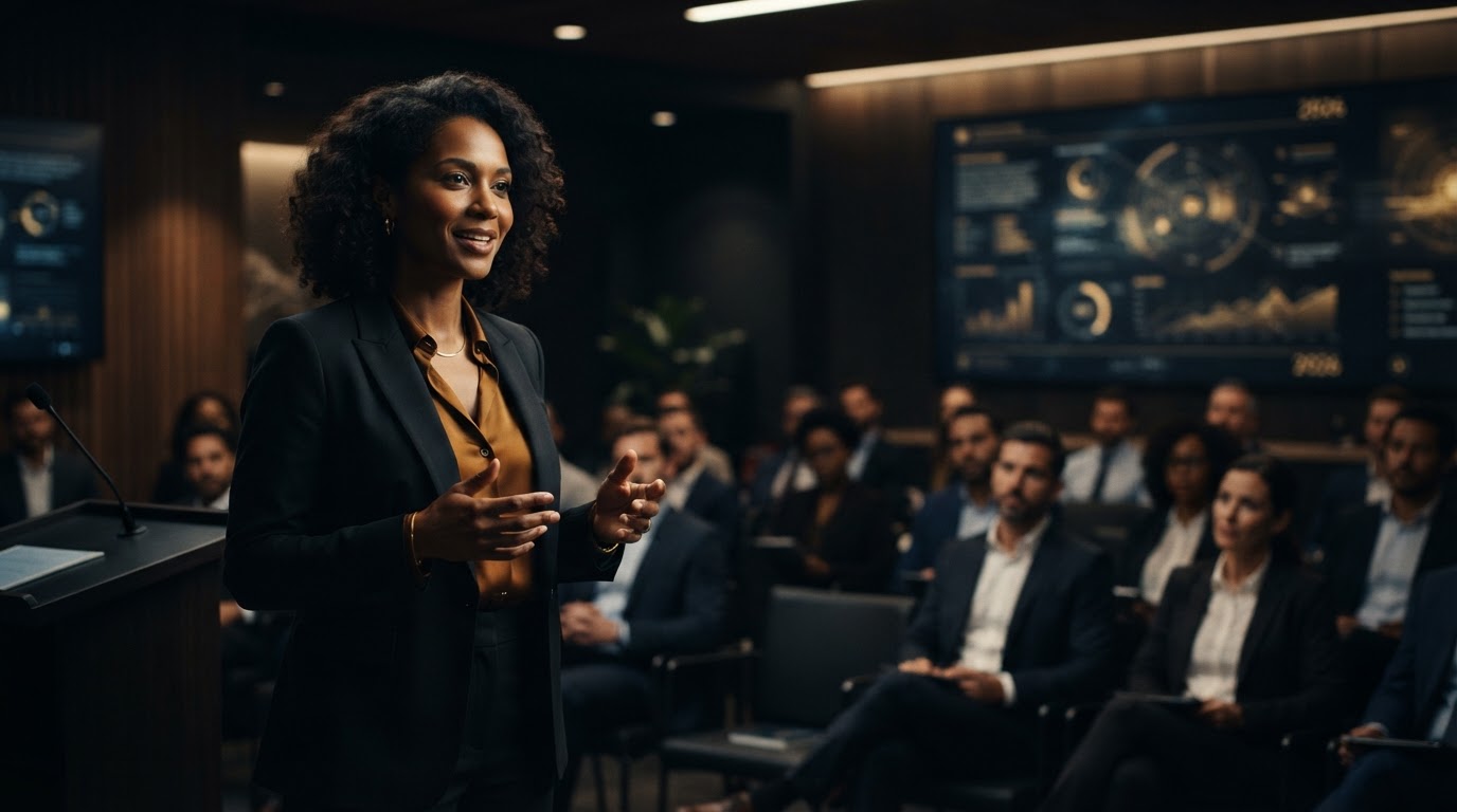Uma pessoa confiante a apresentar em um ambiente moderno, simbolizando o que é branding pessoal e sucesso profissional em 2026.