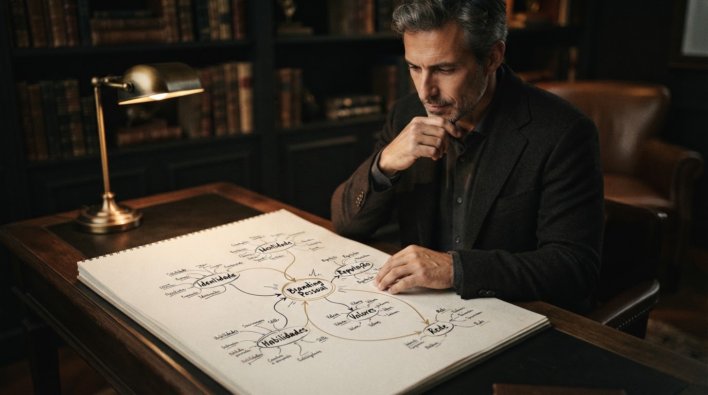Diagrama visual das componentes essenciais que formam o que é branding pessoal.