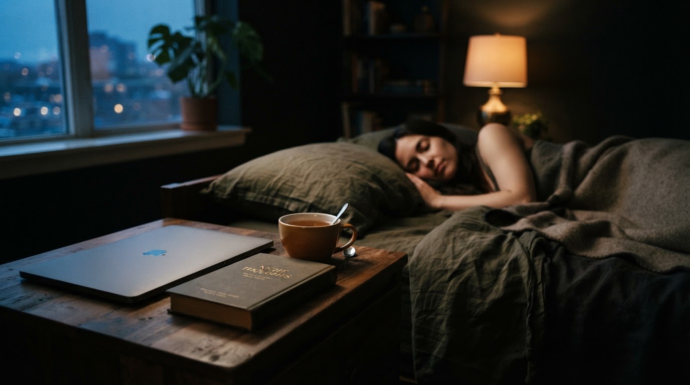 Een rustige slaapkamer bij schemering met een laptop uit en een boek, symbool voor digitale detox slaap.